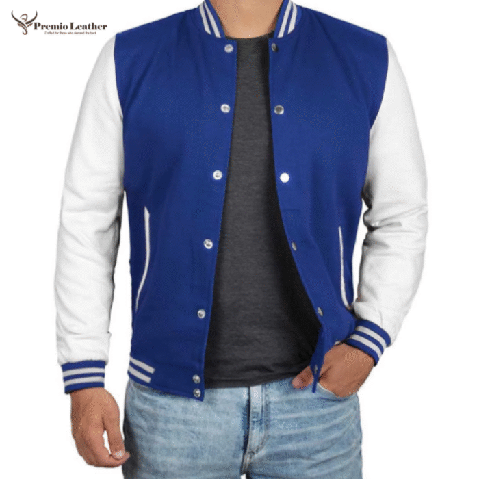 white and blue varsity jacket