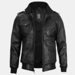 Black Bomber Men’s Leather Jacket with Removable Hood