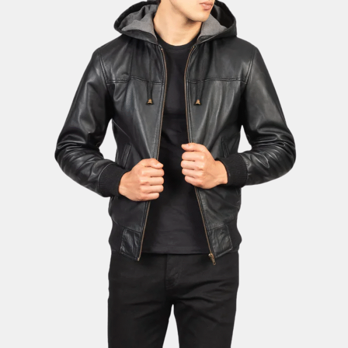 Black Hooded Leather Bomber Jacket