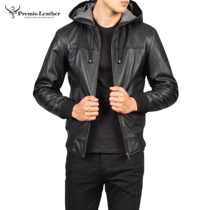 Black Hooded Leather Bomber Jacket