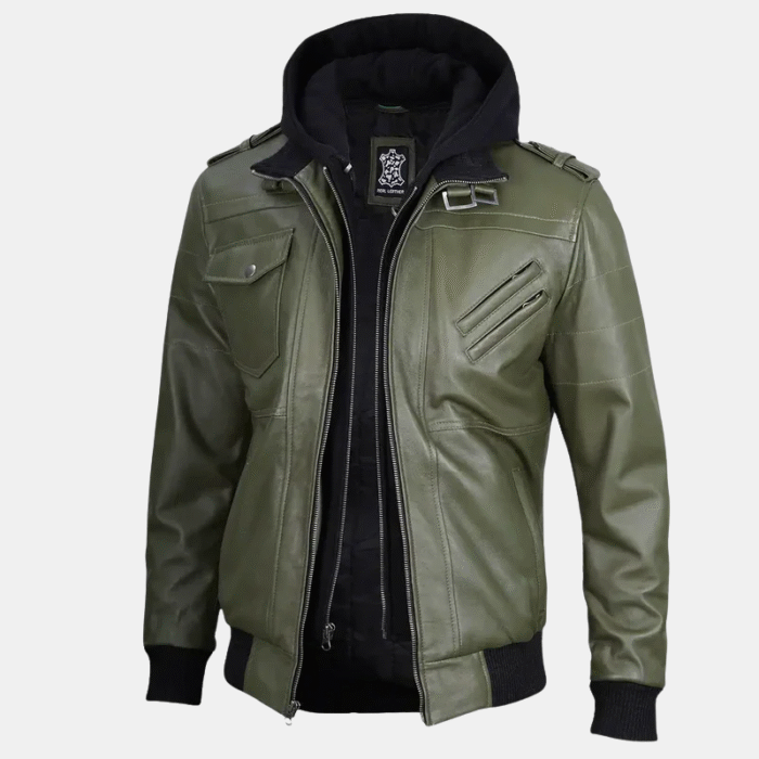 Hooded Military Green Leather Jacket