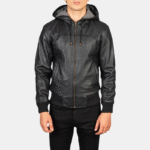 Men Black Hooded Leather Bomber Jacket
