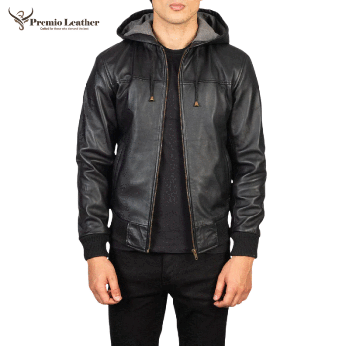 Men Black Hooded Leather Bomber Jacket