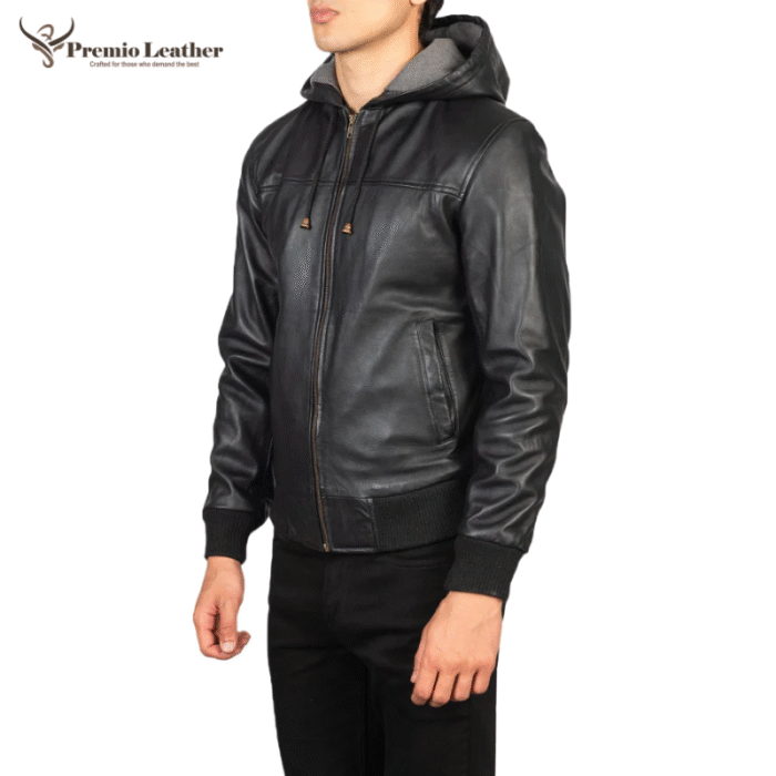 Men Black Hooded Leather Jacket