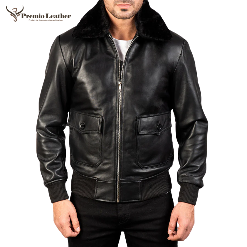 Men Black Leather Bomber Jacket