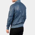 Men Blue Leather Bomber Jacket