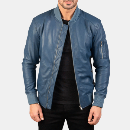 Men Bomia Blue Leather Bomber Jacket