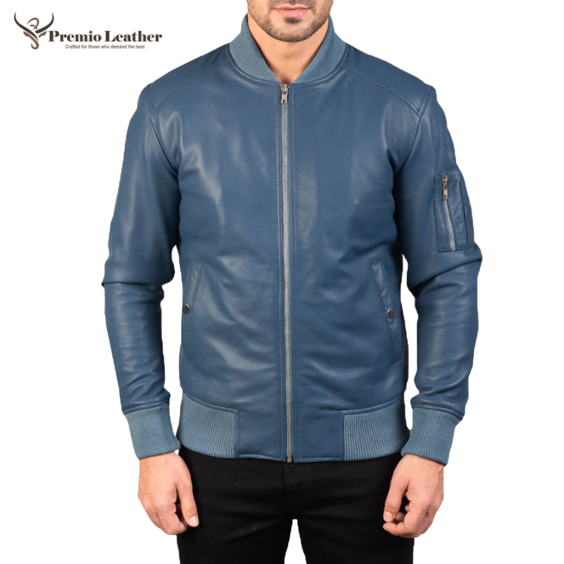 Men Bomia Blue Leather Bomber Jacket