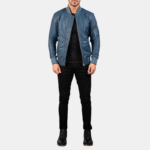 Men Ma-1 Blue Leather Bomber Jacket