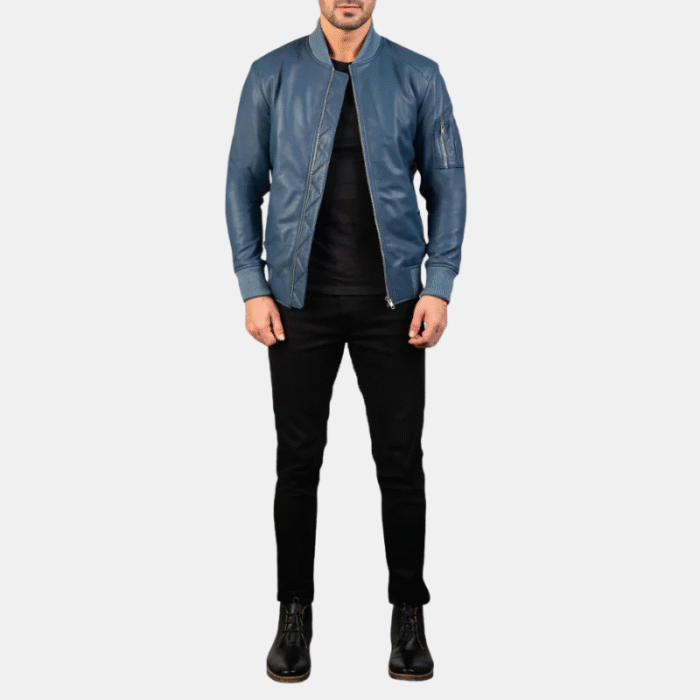 Men Ma-1 Blue Leather Bomber Jacket
