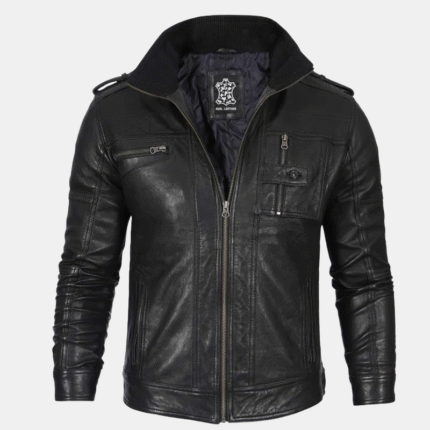 Mens Black Waxed Cafe Leather Jacket