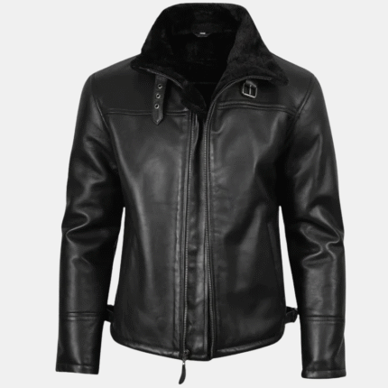Mitchel Mens Black Shearling Leather Bomber Jacket