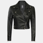 Women Black Cropped Leather Moto Jacket