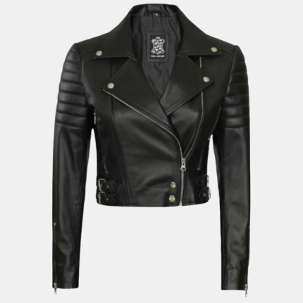 Women Black Cropped Leather Moto Jacket