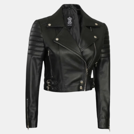 Women’s Black Cropped Leather Moto Jacket