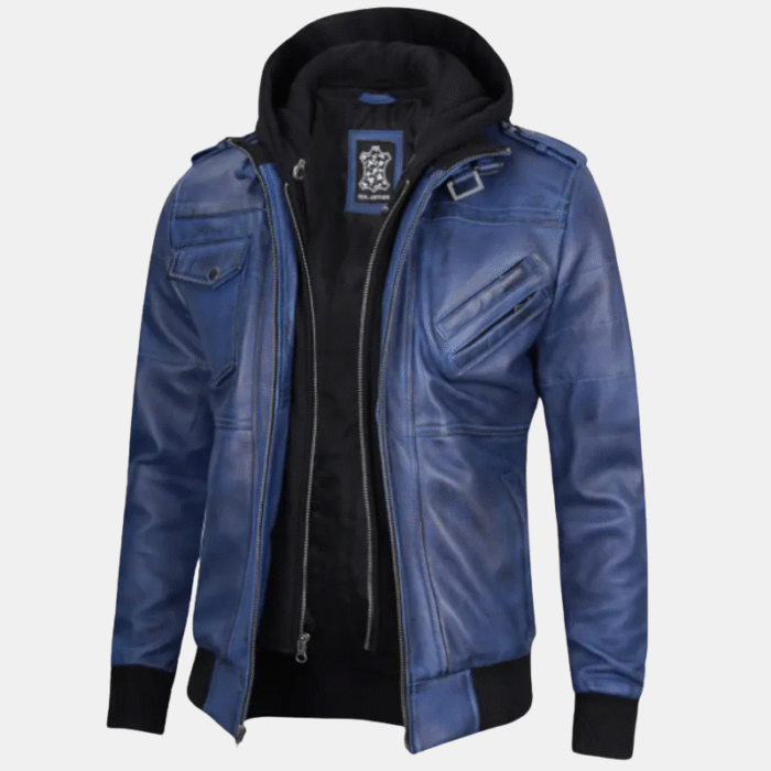 blue jacket with hood