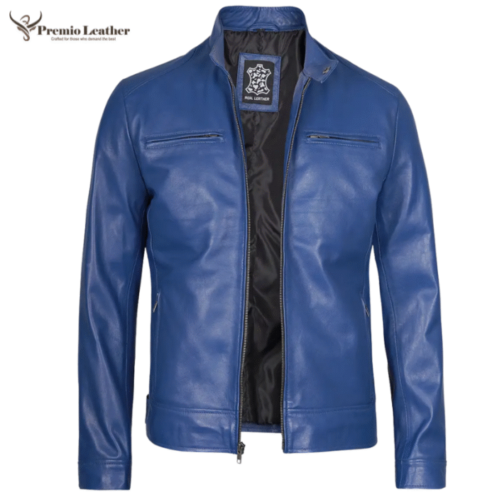 blue leather jacket