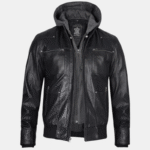 hooded black leather jacket