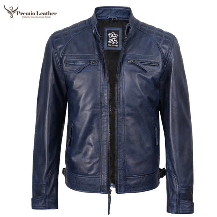 mens blue biker leather jacket