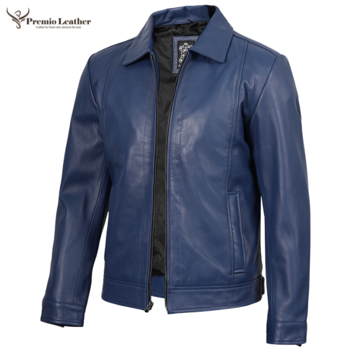 mens blue leather jacket