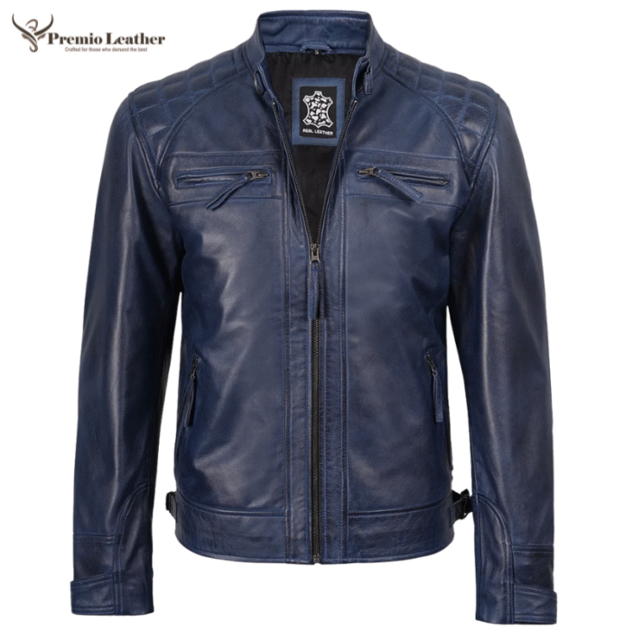 mens blue leather jacket cafe racer
