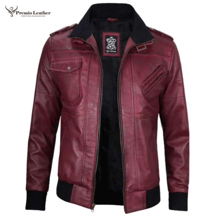 mens burgundy biker jacket