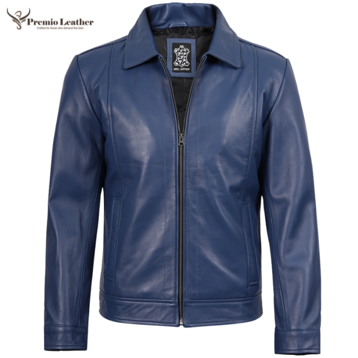mens leather jacket blue