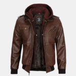 mens leather jacket brown hooded
