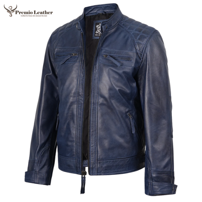 mens real leather jacket blue