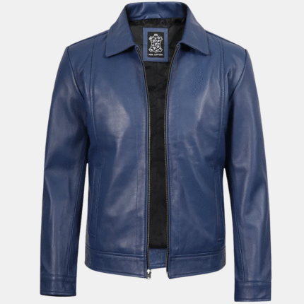 shirt collar leather jacket mens blue