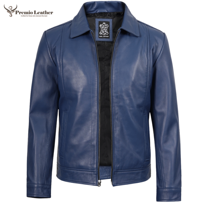 shirt collar leather jacket mens blue