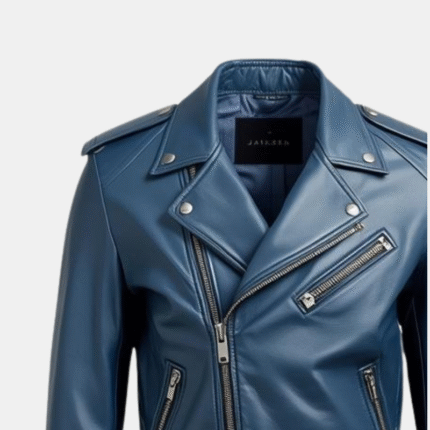 Blue Leather Biker Jacket with Zipper (1)