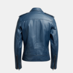 Blue Leather Biker Jacket with Zipper (3)