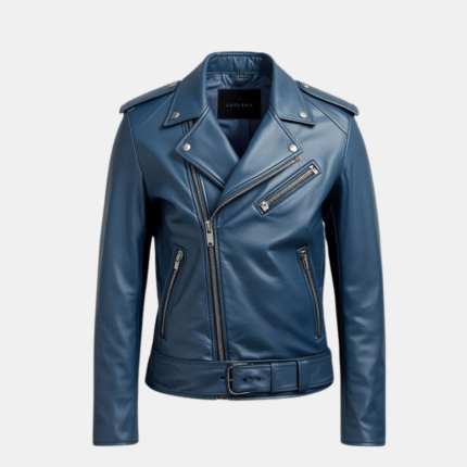 Blue Leather Biker Jacket with Zipper (4)
