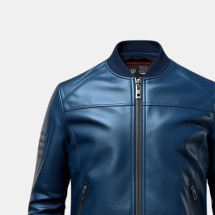 Blue Leather Bomber Jacket with Zippered Pockets