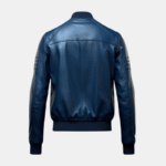 Men Blue Leather Bomber Jacket with Zippered Pockets