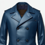 Men Blue Leather Peacoat Double-Breasted