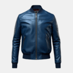 Men's Blue Leather Bomber Jacket with Zippered Pockets