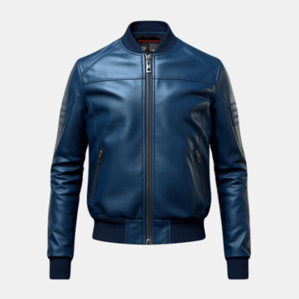 Men's Blue Leather Bomber Jacket with Zippered Pockets