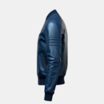 Mens Blue Leather Bomber Jacket with Zippered Pockets