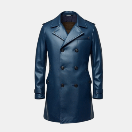 Men's Blue Leather Peacoat Double-Breasted