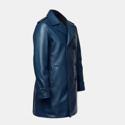 Mens Blue Leather Peacoat Double-Breasted