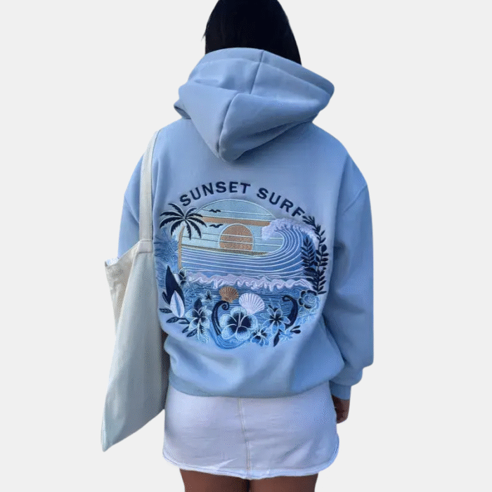 Sunset Surf Blue Hibiscus Hoodie For Women