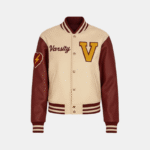 Unisex Beige Patch Wool Varsity Leather Jacket