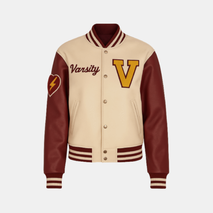 Unisex Beige Patch Wool Varsity Leather Jacket