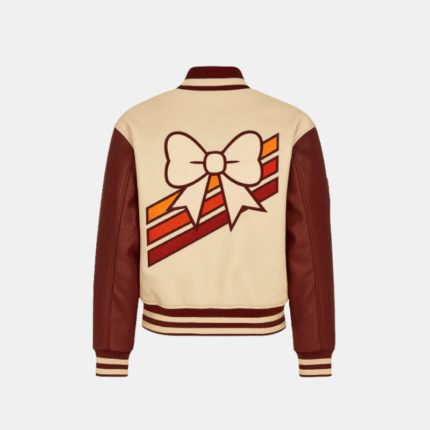 Unisex Beige 'V' Patch Wool Varsity Leather Jacket