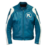 Men’s Retro Blue & White Striped Leather Biker Jacket