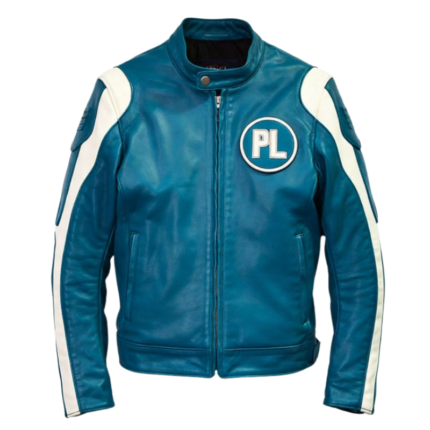 Men’s Retro Blue & White Striped Leather Biker Jacket